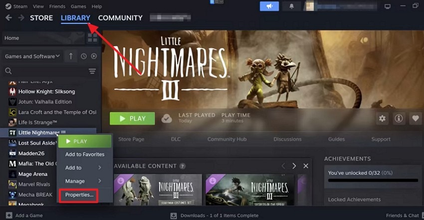 choose the properties option