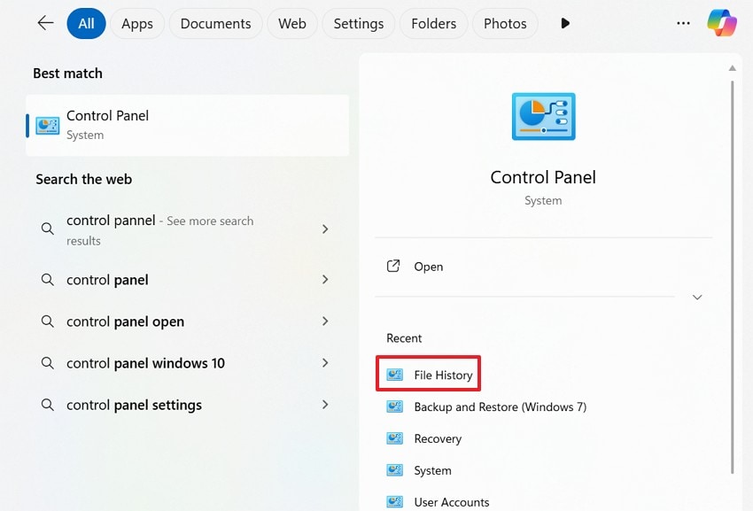 access the file history in control panel