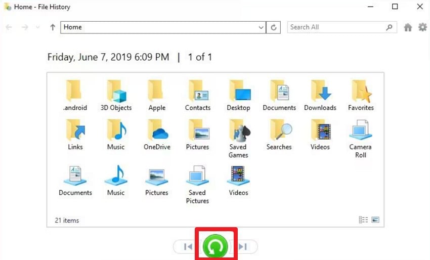 select the restore icon to recover