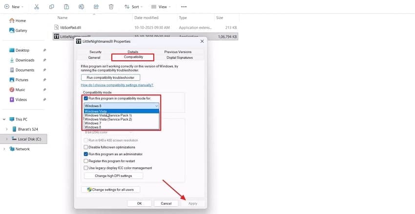 select compatibility mode windows version
