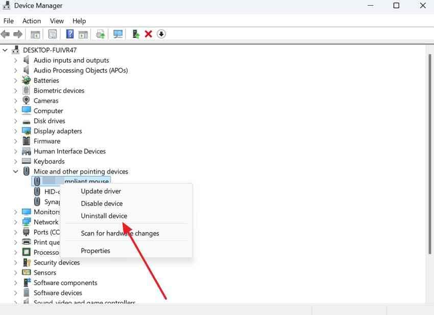 reinstall the identified mouse driver from device manager