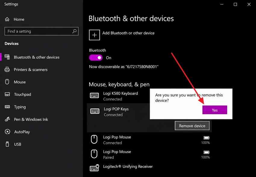 remove a bluetooth mouse in windows 10 settings