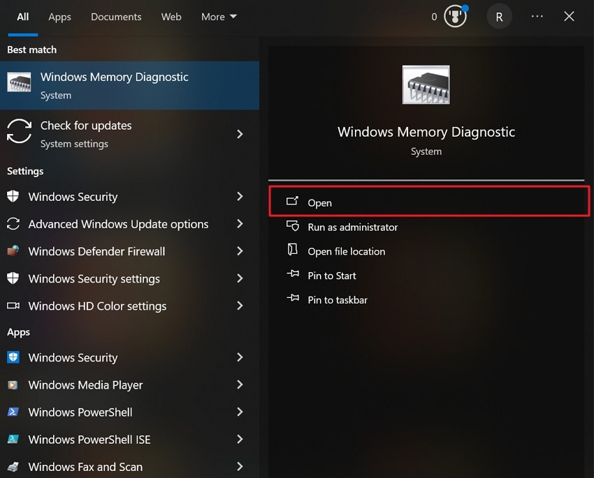 access windows memory diagnostic