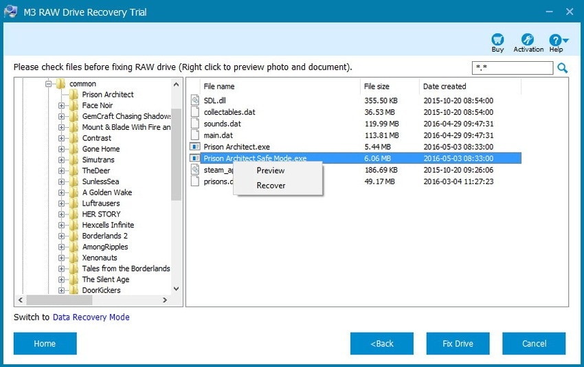 select files for m3 raw drive recovery