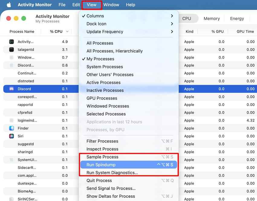 activity monitor sample process and diagnostics options