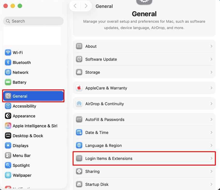open login items and extensions in mac settings