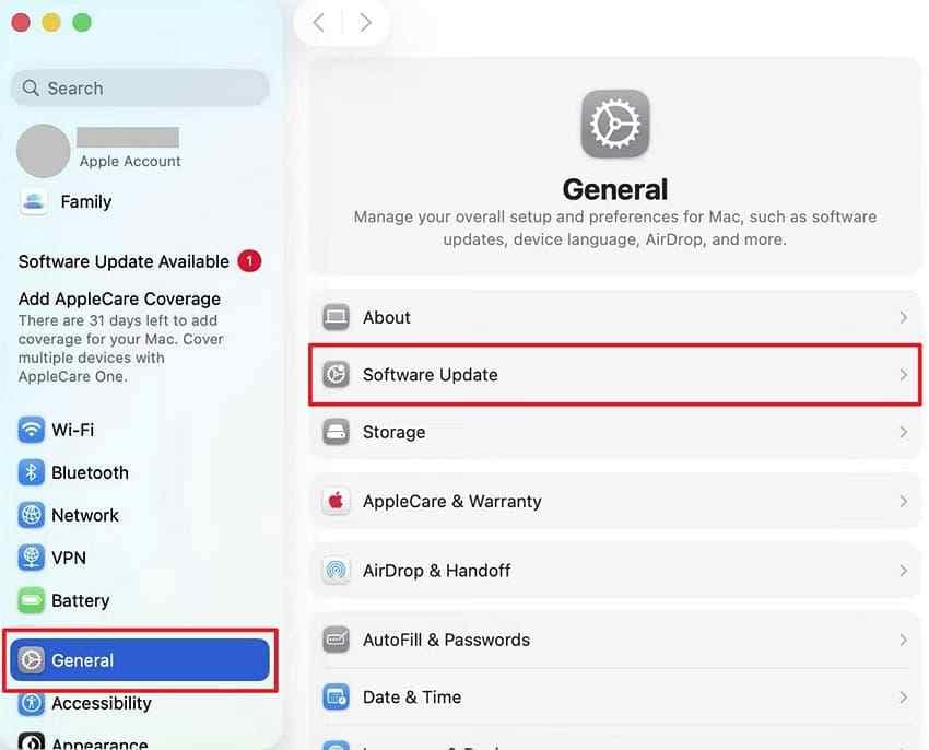 open software update in mac system settings