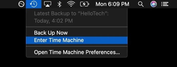 entrer dans Time Machine dans la barre de menu