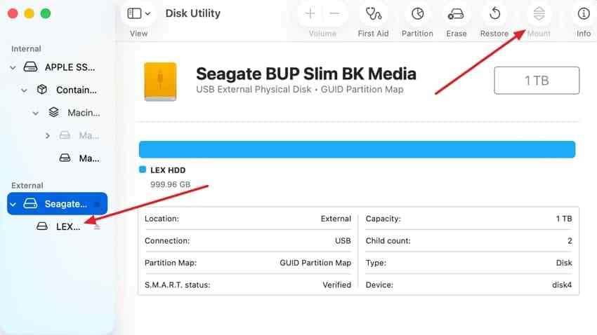 disk utility showing an external seagate disk and mount control