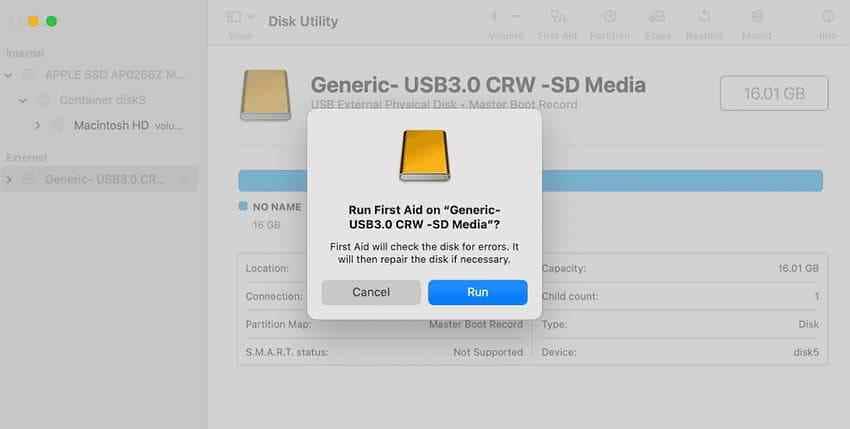disk utility confirmation dialog before running first aid