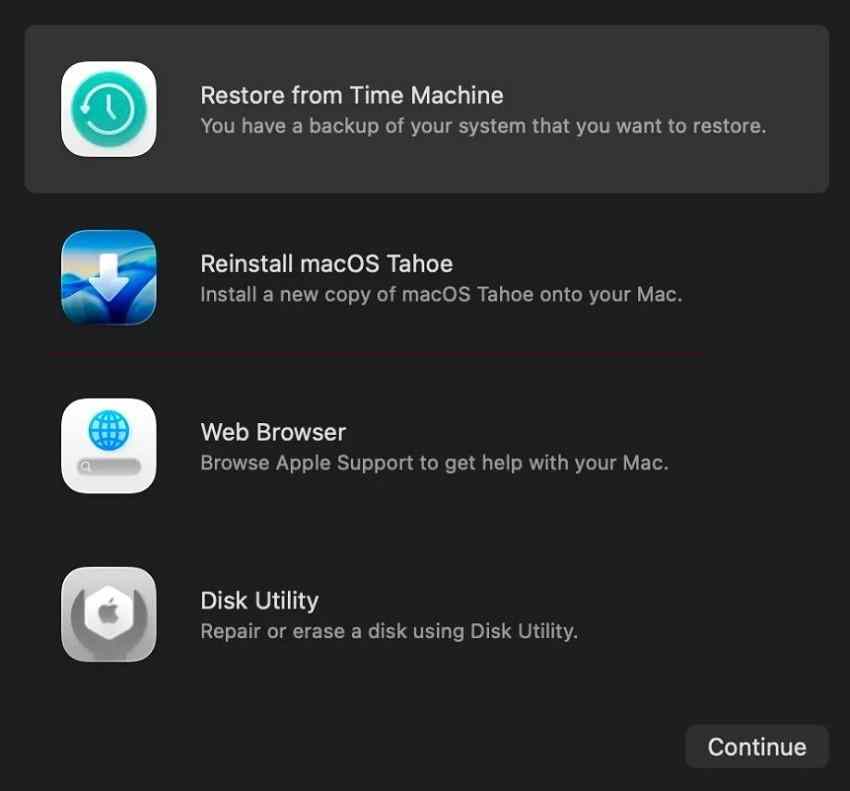 macos recovery utilities including restore from time machine and disk utility