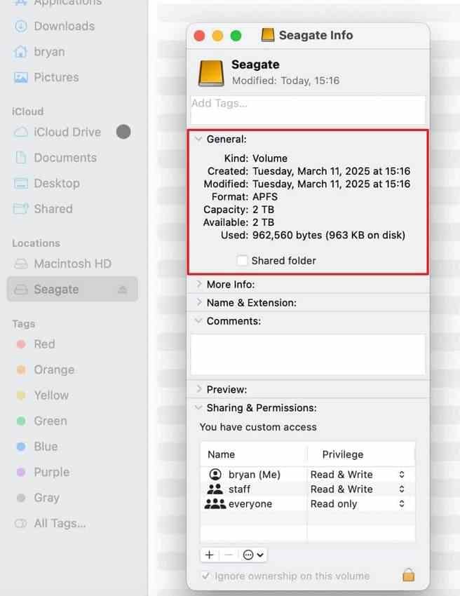 finder get info window for an external seagate drive on mac