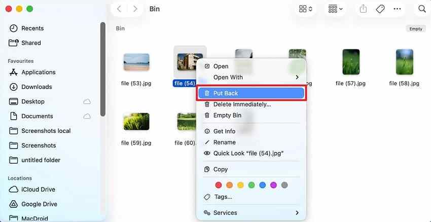 mac trash context menu showing the put back command