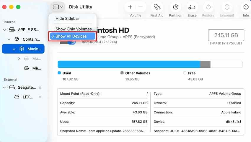 disk utility view menu with show all devices selected on mac