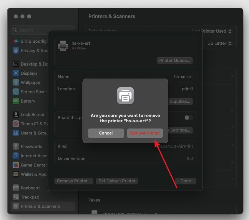 confirm removal of an obsolete mac printer entry