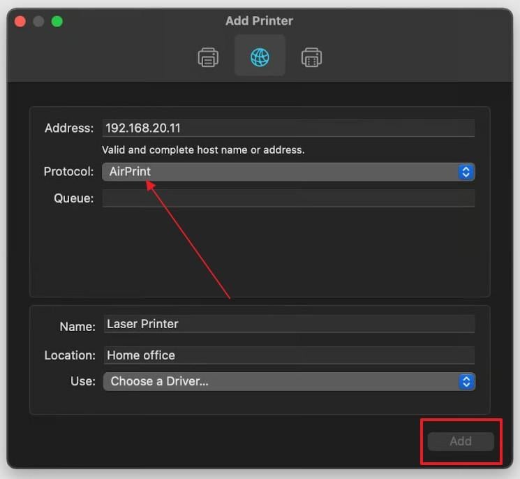 enter printer ip address and supported protocol on mac