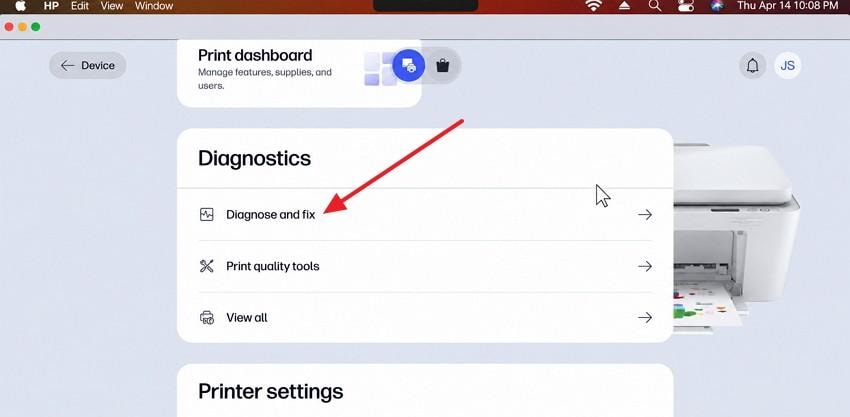 open diagnose and fix in the hp app on mac