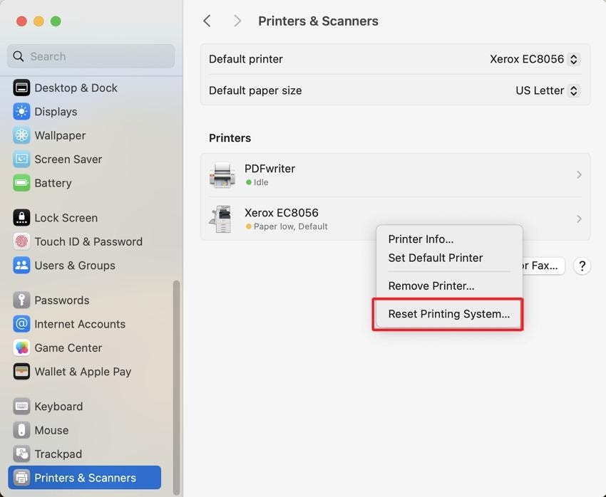 reset printing system from mac printers and scanners
