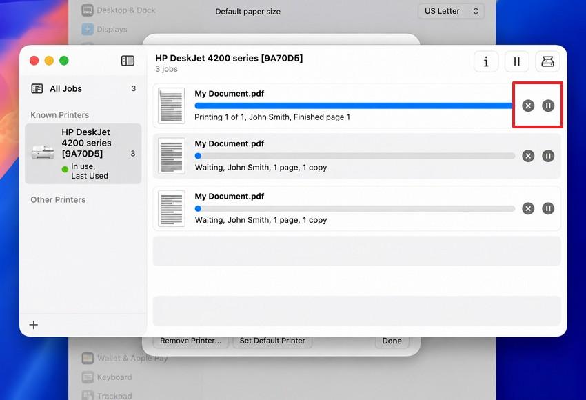 check mac print center jobs and paused printer controls