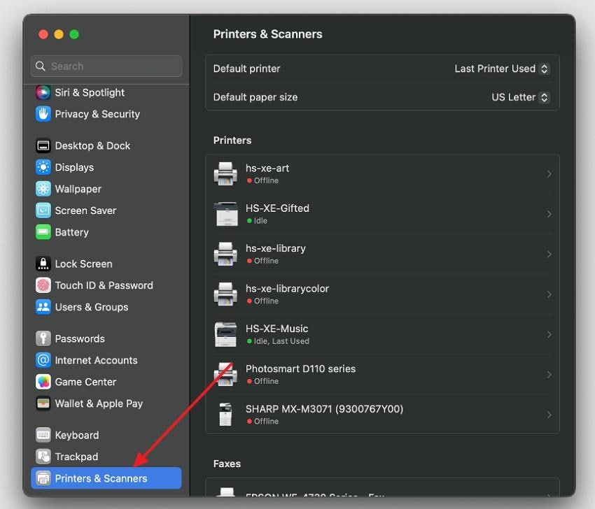 view offline and online printers in mac printers and scanners