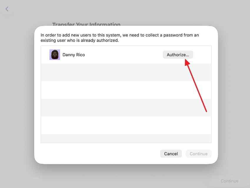 authorize migration with an existing mac account password