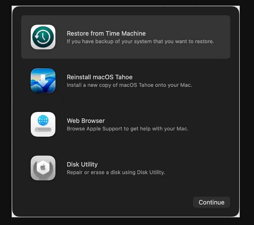 macos recovery utilities with time machine and reinstall choices
