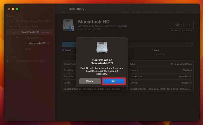 run disk utility first aid on an identified mac volume