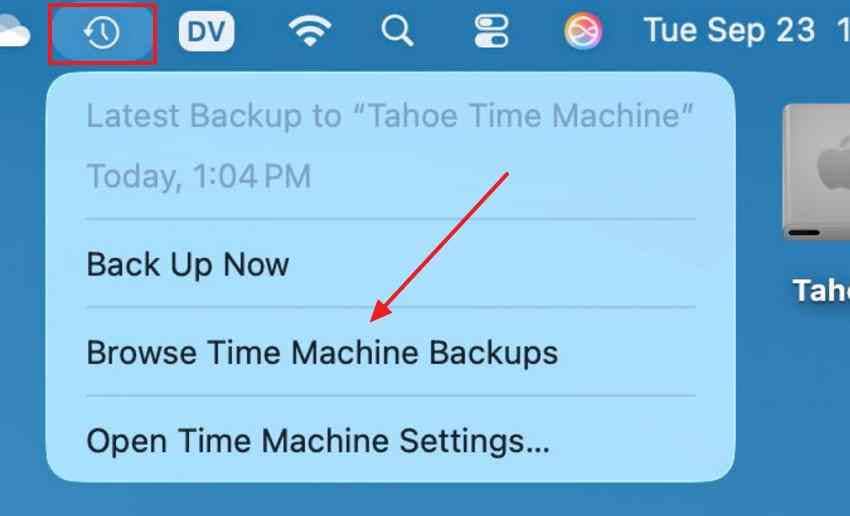 browse time machine backups from the mac menu bar