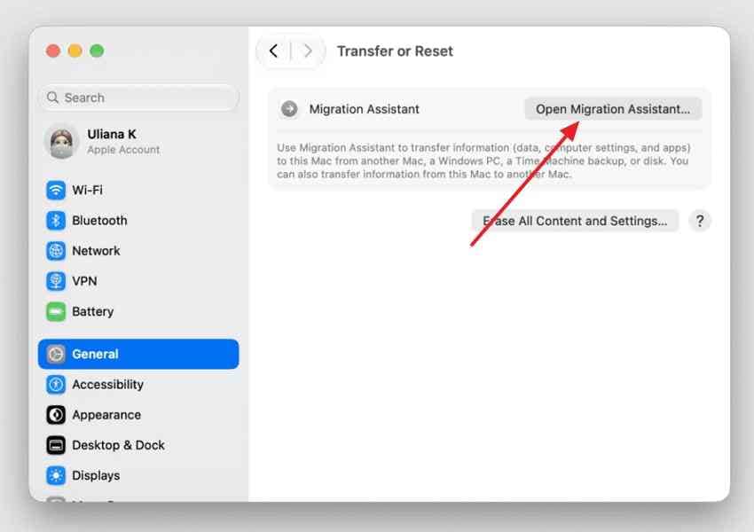 open migration assistant from mac system settings