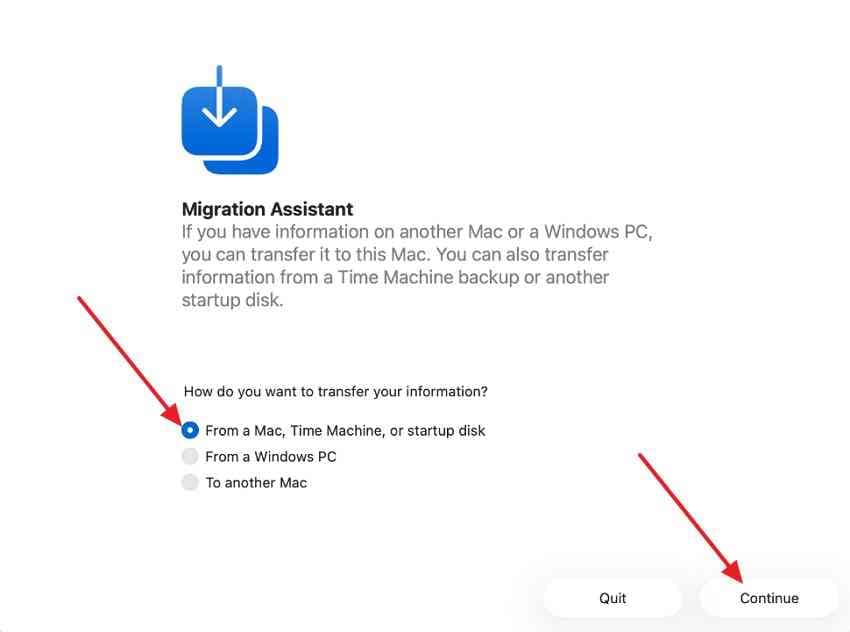 select transfer from a mac or time machine in migration assistant