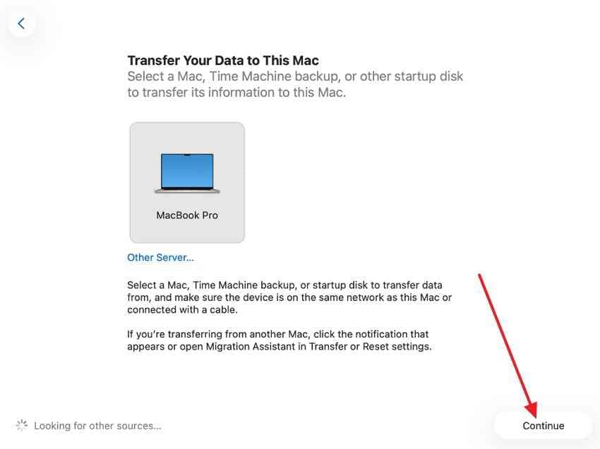 choose time machine backup disk as migration source