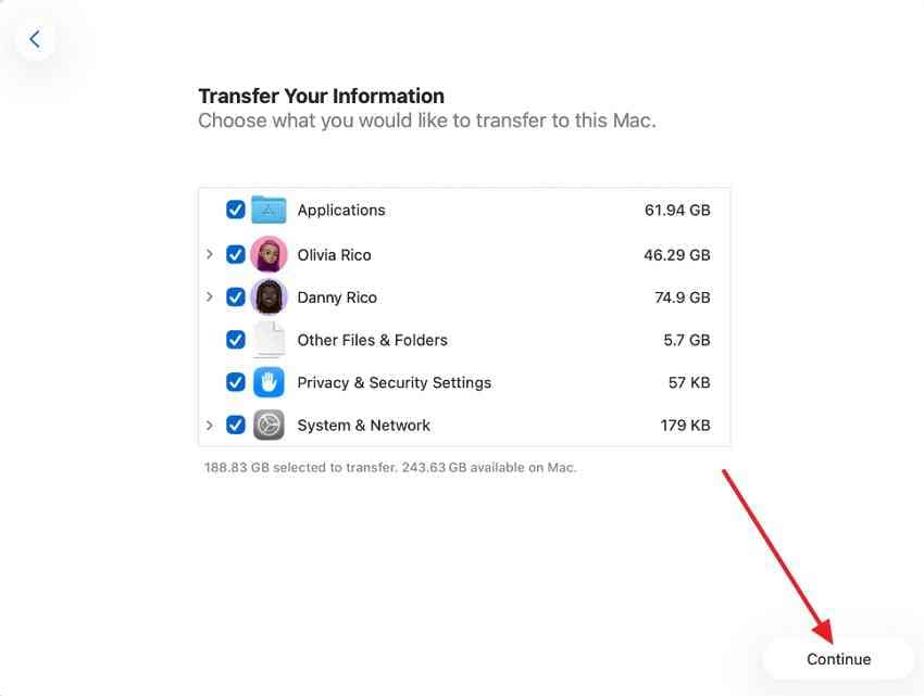 choose migration categories including applications accounts and settings