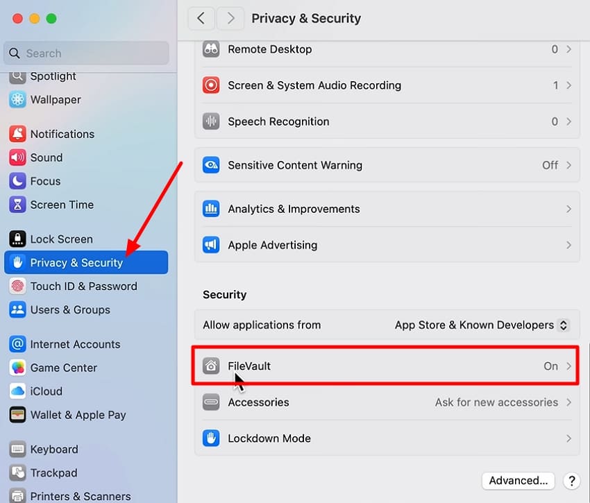 click filevault mac sequoia update
