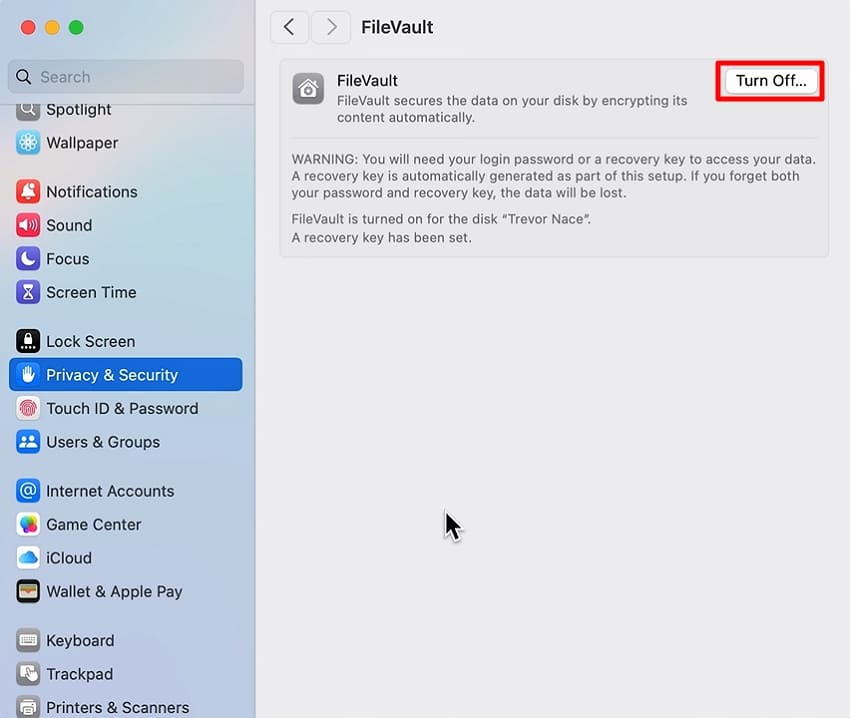 turn off filevault mac sequoia update fail