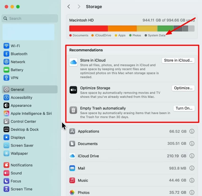check storage space system data