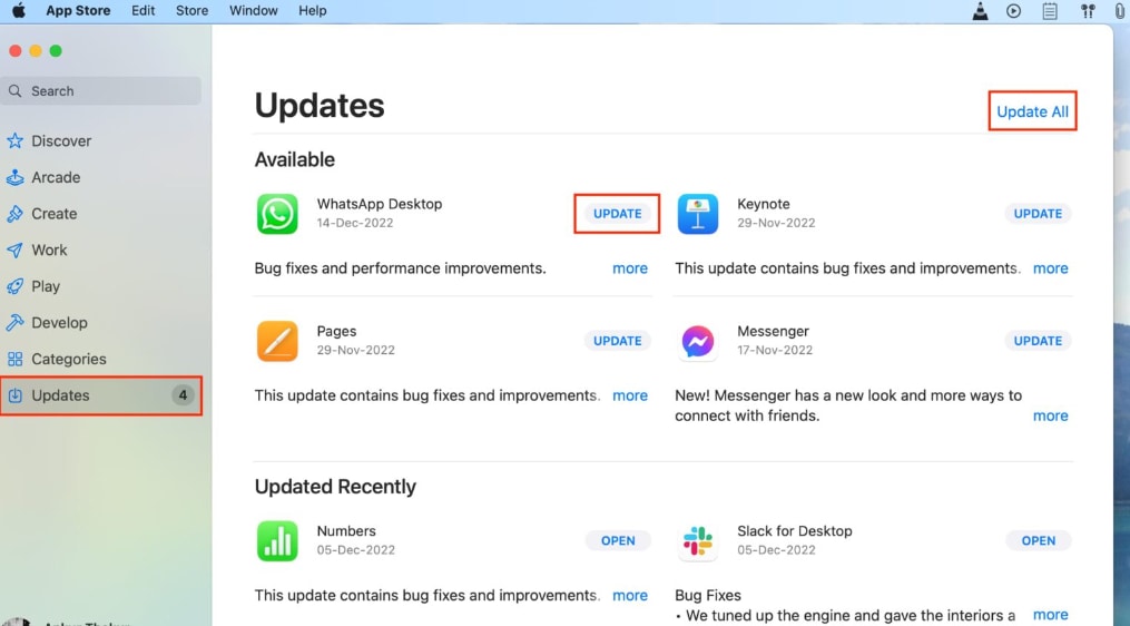 app store actualizaciones de la aplicación