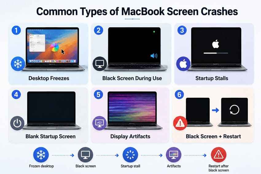 common black frozen apple logo and glitching macbook crash screens