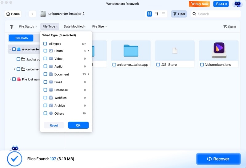 browse and select lost files for recovery