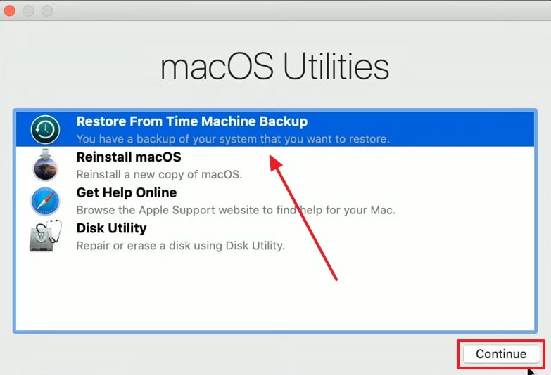 choose restore from time machine backup