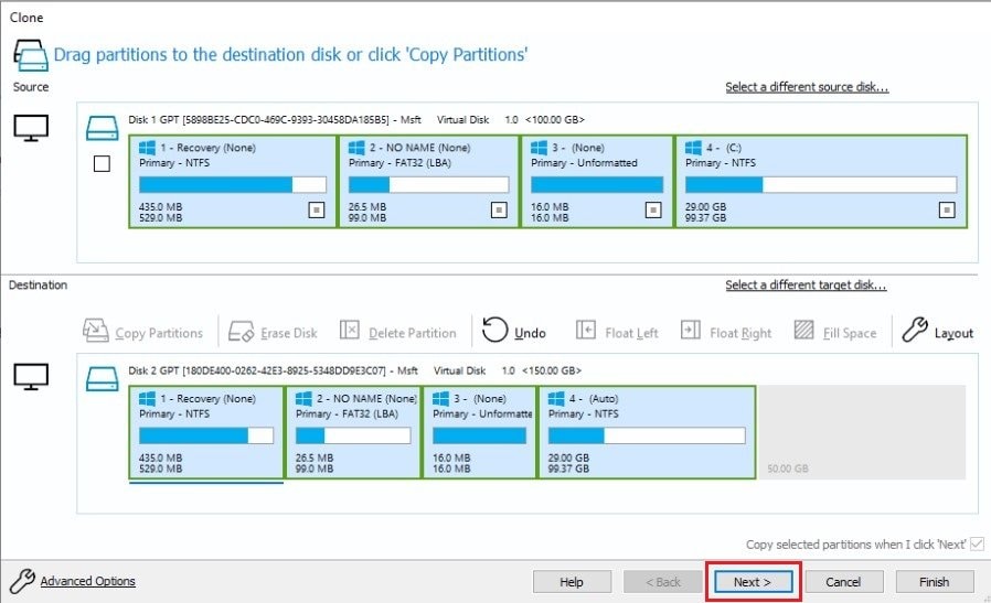 adjust partitions for a disk clone in macrium