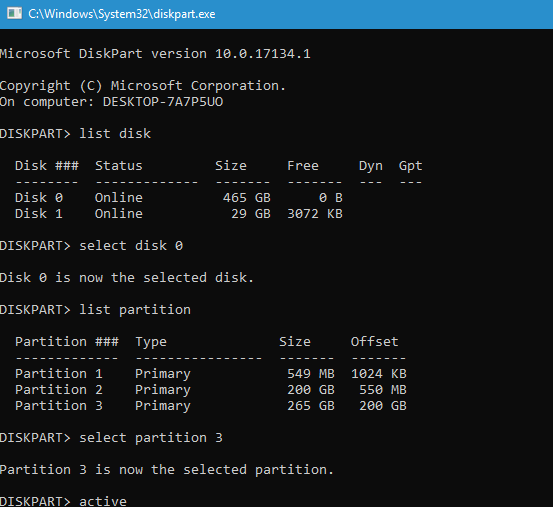 active partition command