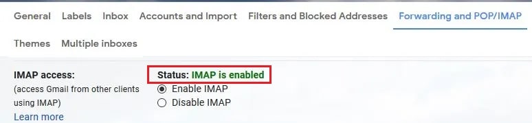 เปิดใช้งาน imap สถานะแล้ว