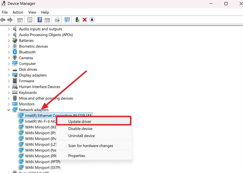 open network adapter press update