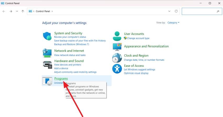 access programs in control panel