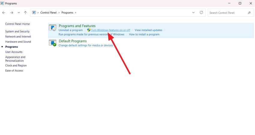 choose windows features on off