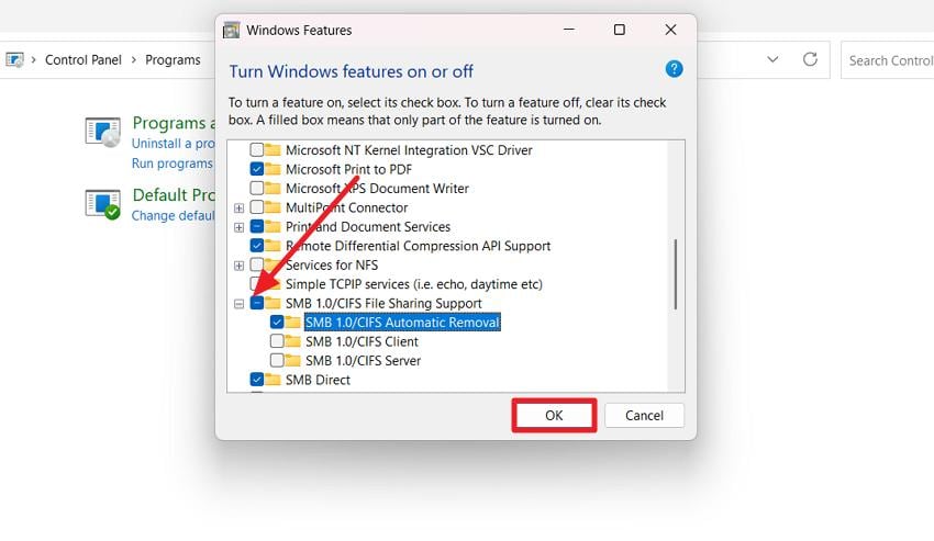 check smb checkbox press ok
