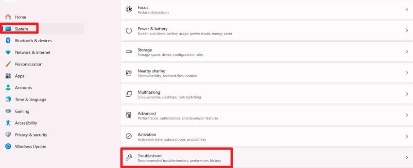 select system settings then troubleshoot