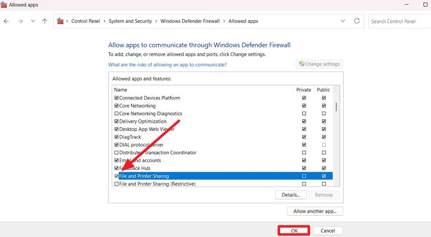 choose file and printer sharing function
