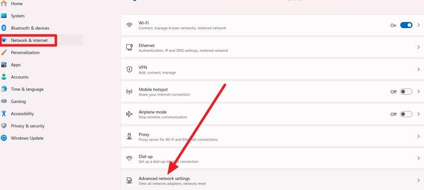 select advanced network settings