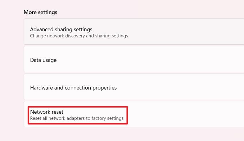 click network reset option
